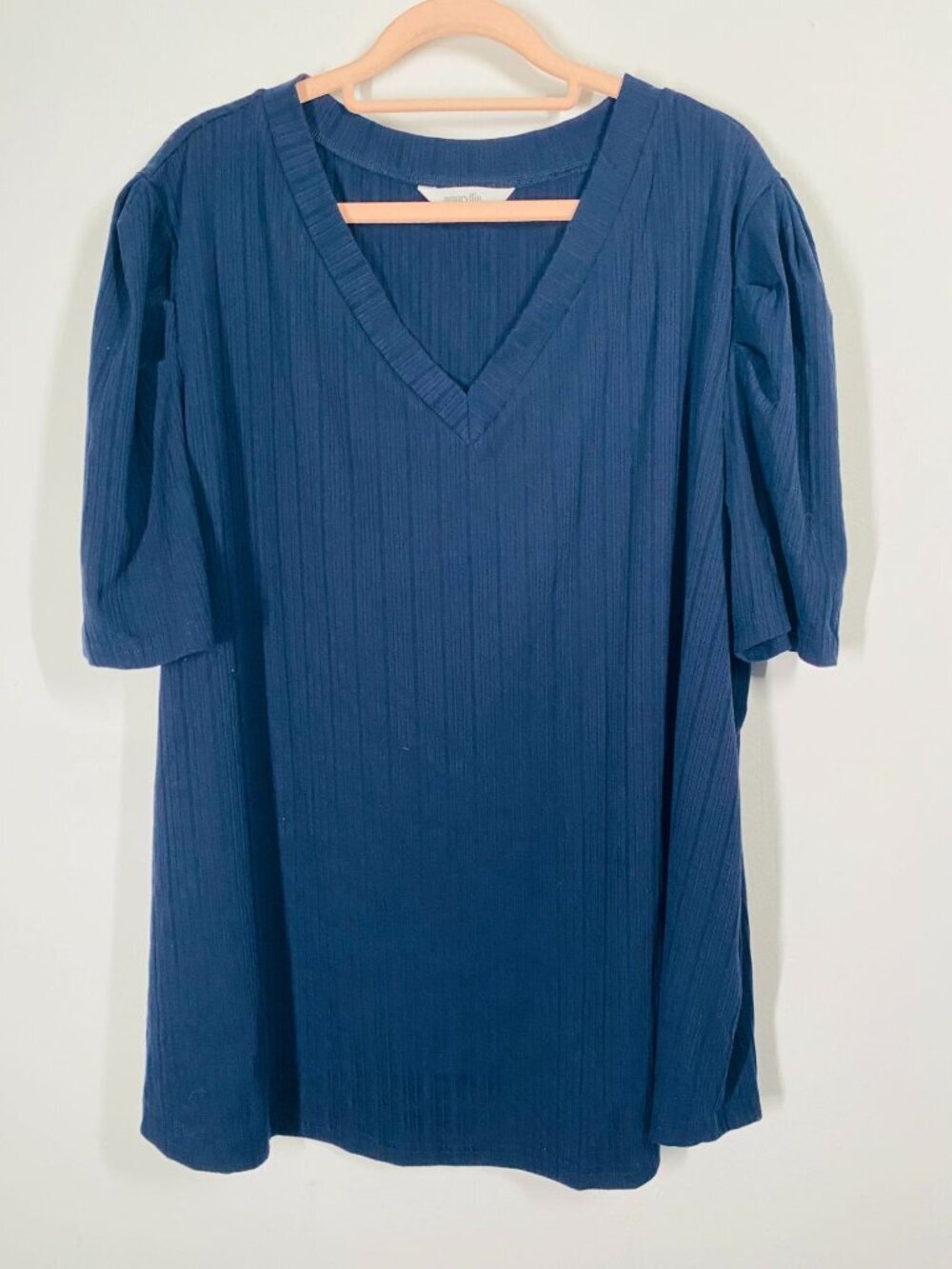 Amaryllis Womens Navy Blue V-Neck 3X Short Sleeve Textured Top 3X Cotton Blend